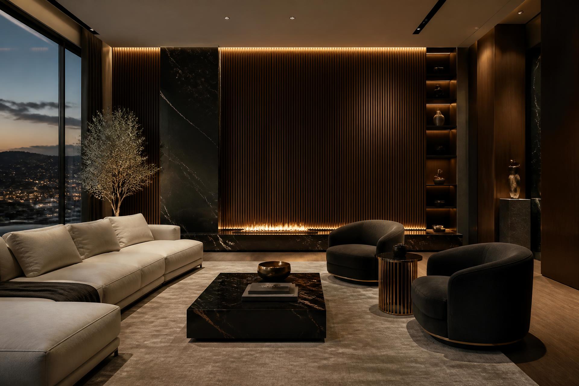 ديكور داخلي فاخر بجدار خشبي مضلع وإضاءة دافئة من تنفيذ PRINCE DESIGN